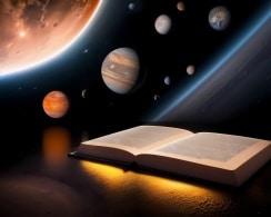 aufgeschlagenes Buch schwebt durchs Universum