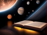 aufgeschlagenes Buch schwebt durchs Universum